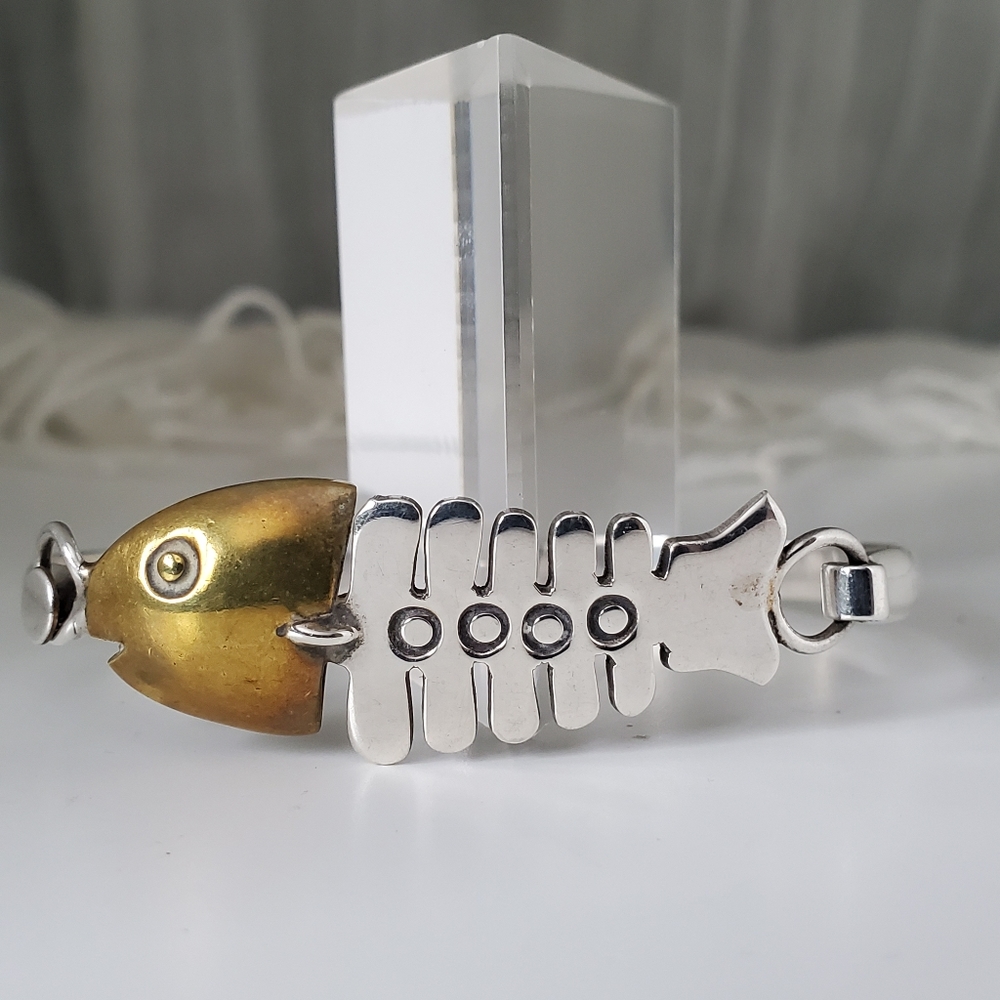 925 Sterling & Vermeil Fish Bones Bracelet - Picture 2 of 11